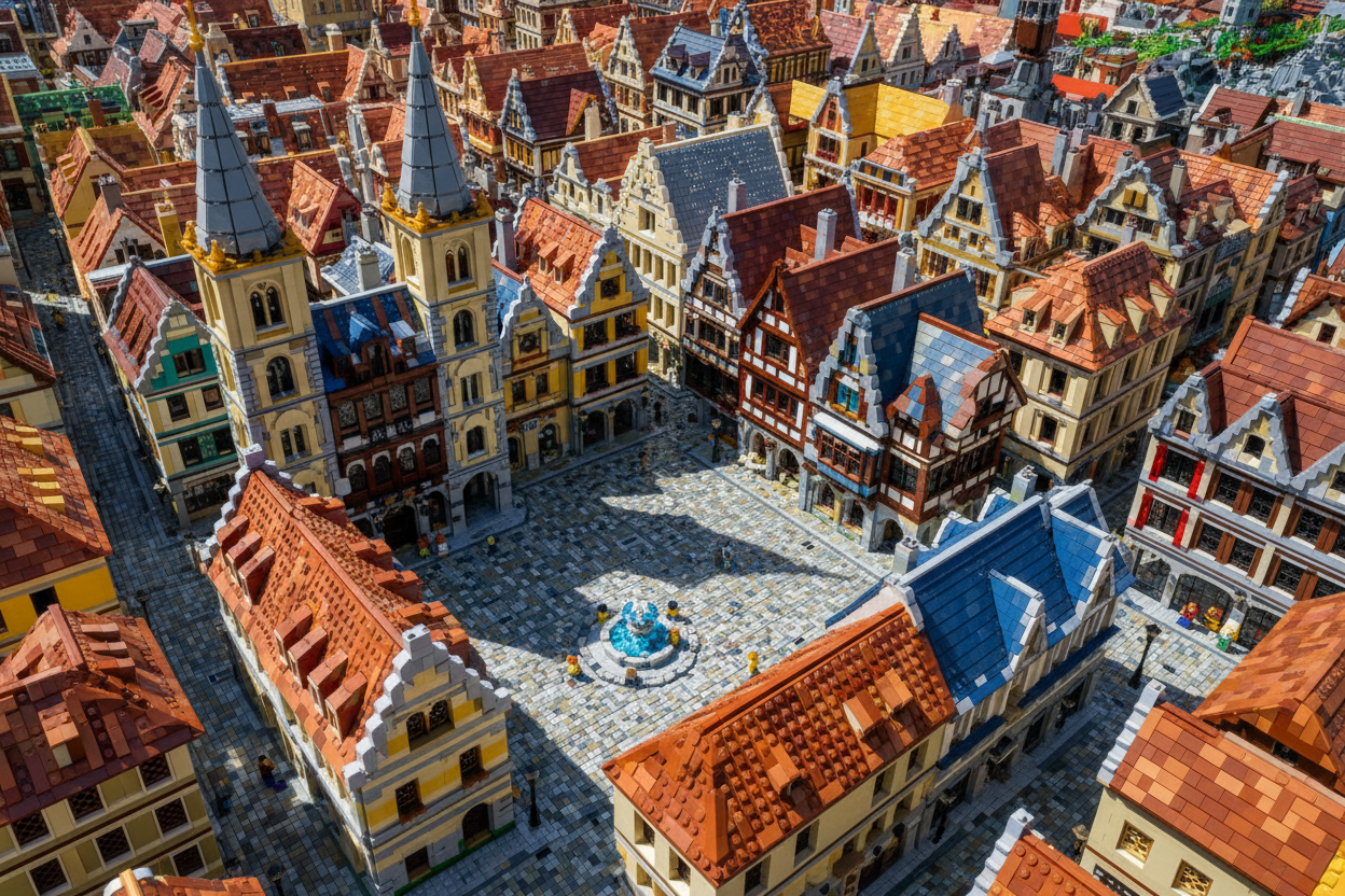 hazme una imagen de una ciudad europea el casco antiguia hecha de piezas lego