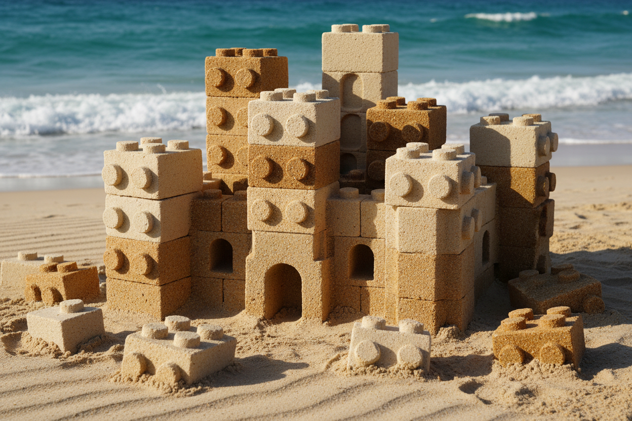 quieromuchos ladrillos de lego hechos de arena formando una especie de castillo de arena de lego en la playa